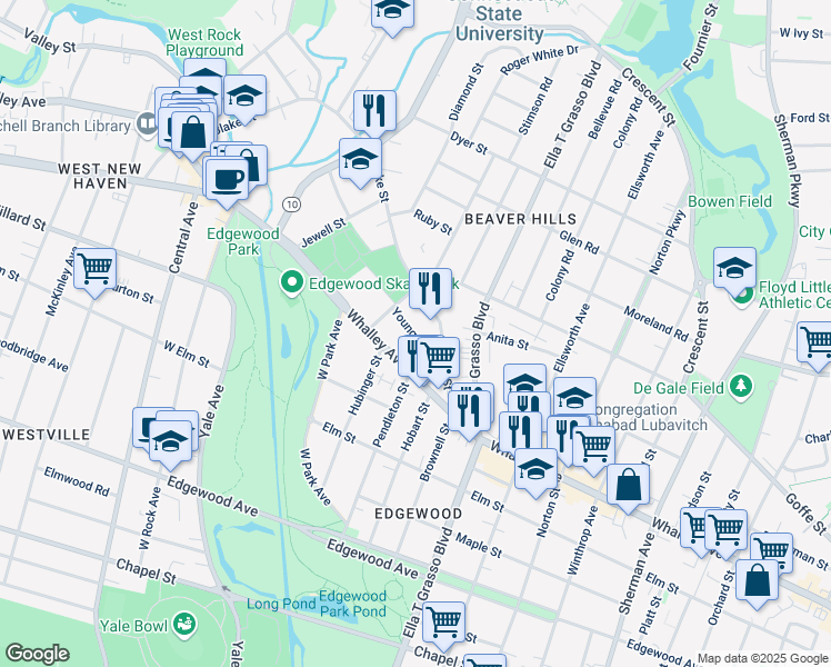 map of restaurants, bars, coffee shops, grocery stores, and more near 34 Whittlesey Avenue in New Haven