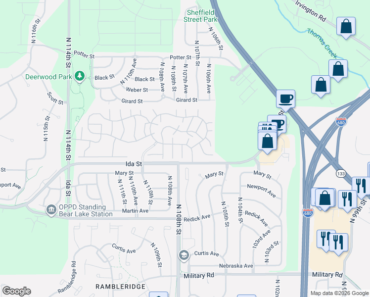 map of restaurants, bars, coffee shops, grocery stores, and more near 6936 North 107th Court in Omaha