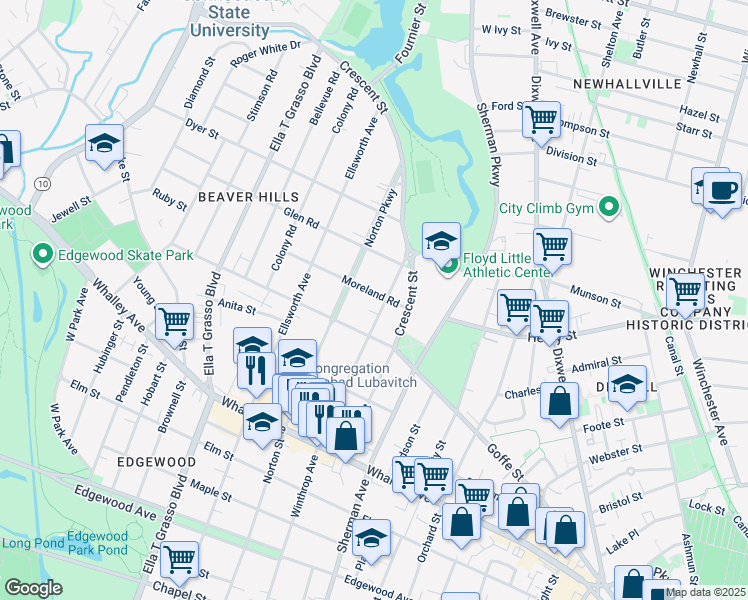 map of restaurants, bars, coffee shops, grocery stores, and more near 628 Winthrop Avenue in New Haven