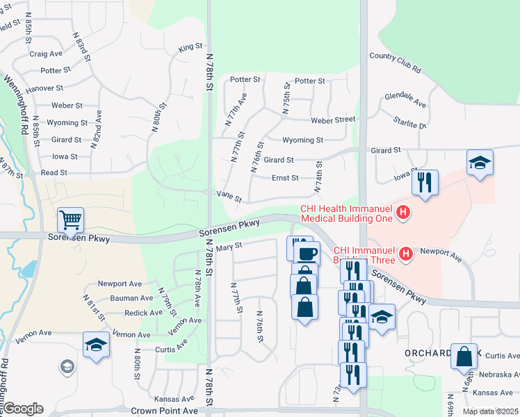 map of restaurants, bars, coffee shops, grocery stores, and more near 7533 Vane Street in Omaha