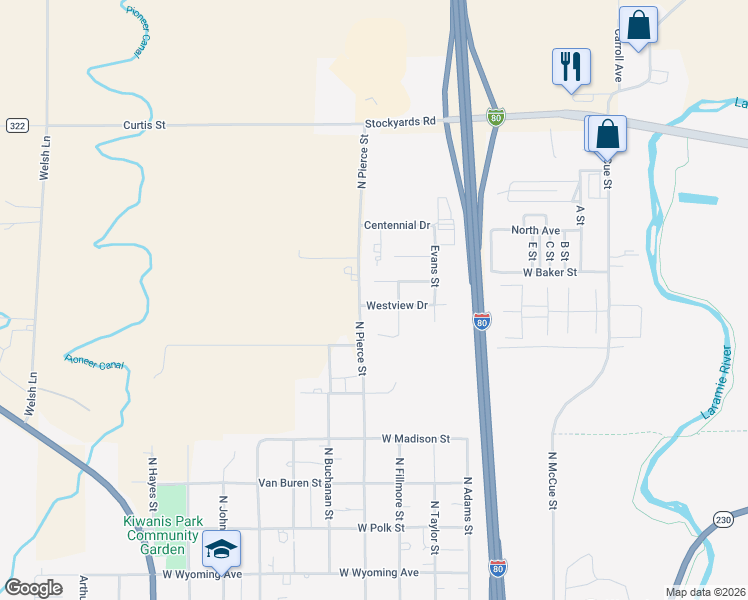 map of restaurants, bars, coffee shops, grocery stores, and more near 1775 Westview Drive in Laramie