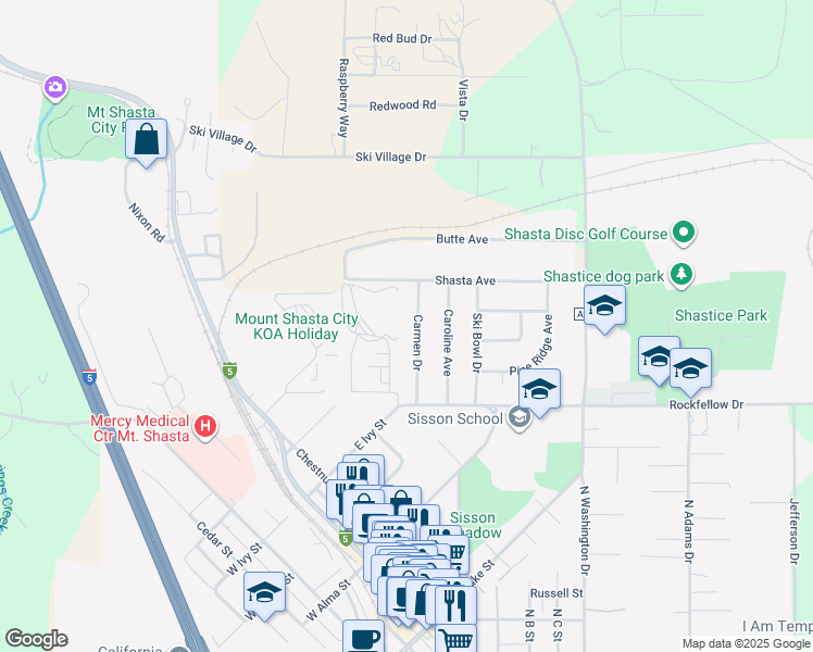 map of restaurants, bars, coffee shops, grocery stores, and more near 807 Carmen Drive in Mount Shasta