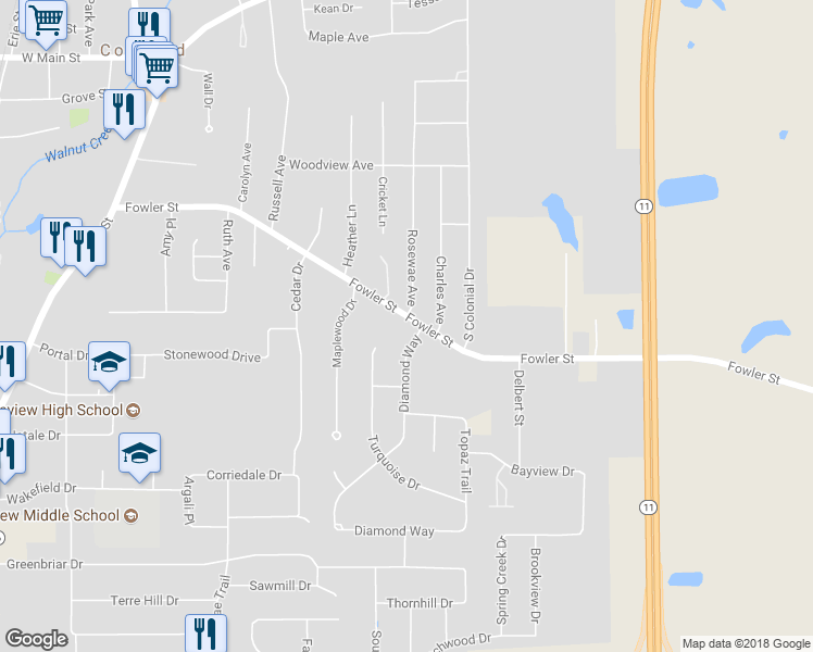 map of restaurants, bars, coffee shops, grocery stores, and more near 456 Fowler Street in Cortland