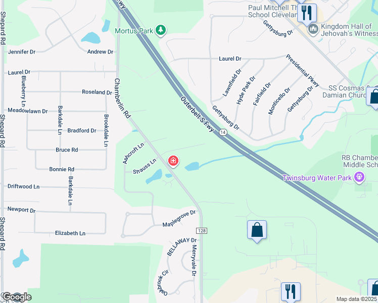 map of restaurants, bars, coffee shops, grocery stores, and more near 1820 Parker Lane in Twinsburg