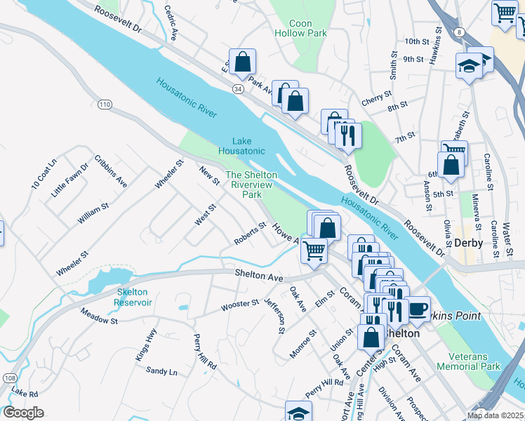 map of restaurants, bars, coffee shops, grocery stores, and more near 706 Howe Avenue in Shelton