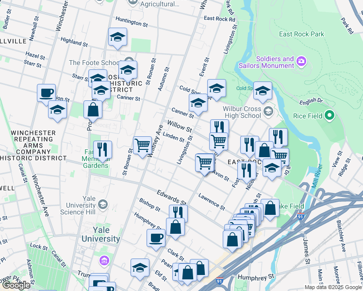 map of restaurants, bars, coffee shops, grocery stores, and more near 108 Livingston Street in New Haven