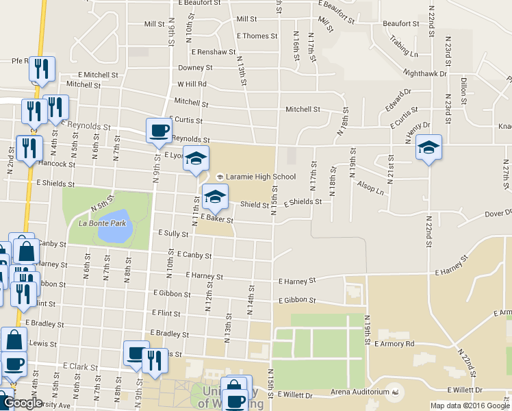 map of restaurants, bars, coffee shops, grocery stores, and more near 1414 Shield Street in Laramie