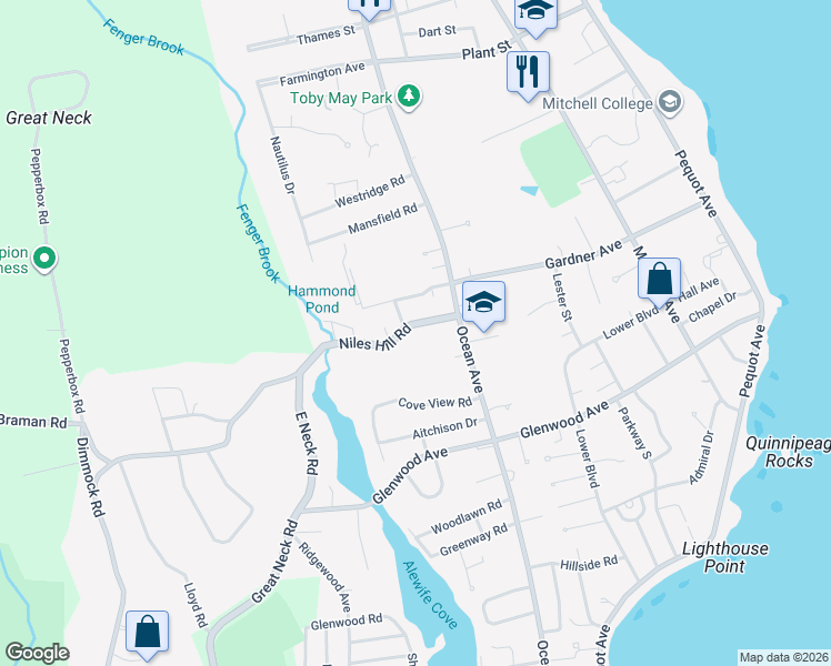 map of restaurants, bars, coffee shops, grocery stores, and more near 40 Niles Hill Road in New London