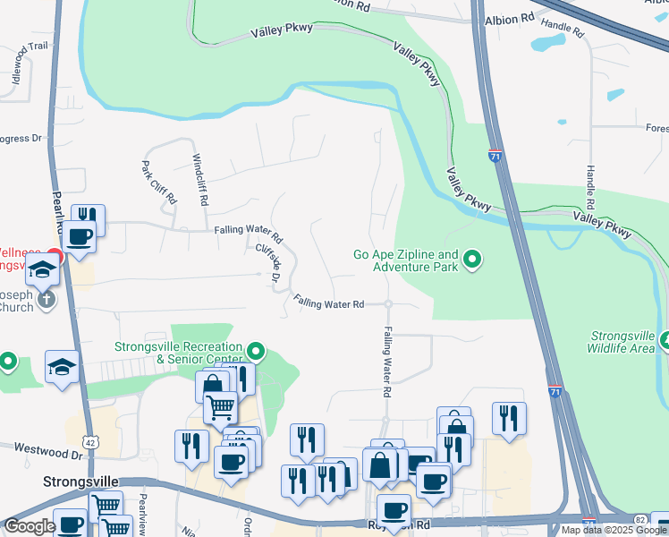 map of restaurants, bars, coffee shops, grocery stores, and more near 12263 Moss Ridge Circle in Strongsville