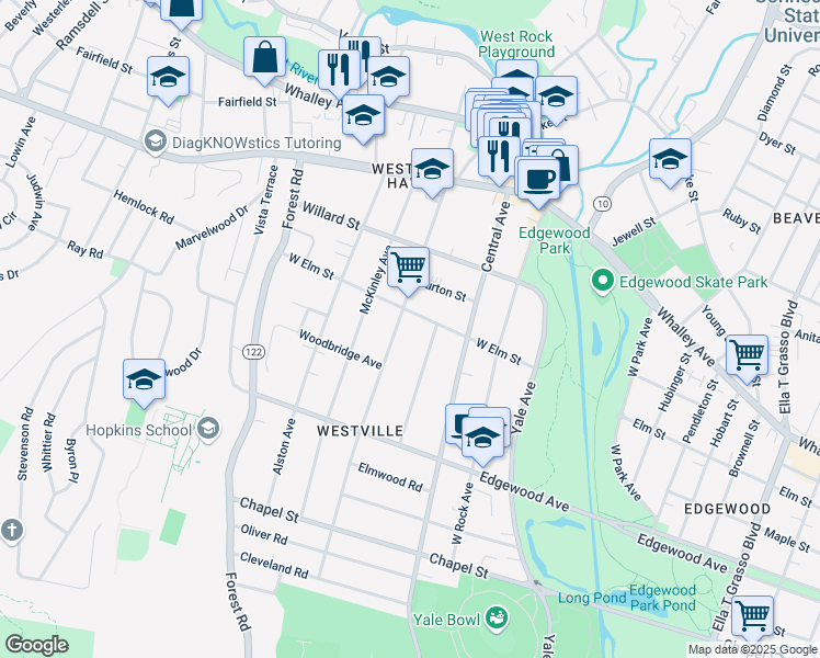 map of restaurants, bars, coffee shops, grocery stores, and more near 213 Alden Avenue in New Haven