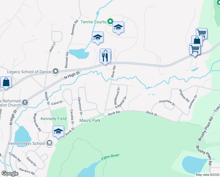 map of restaurants, bars, coffee shops, grocery stores, and more near 27 River Road in East Haven