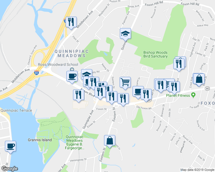 map of restaurants, bars, coffee shops, grocery stores, and more near 1305 Quinnipiac Avenue in New Haven