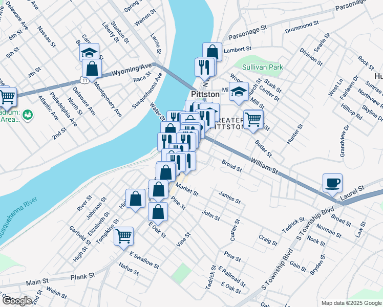 map of restaurants, bars, coffee shops, grocery stores, and more near 11 Charles Street in Pittston