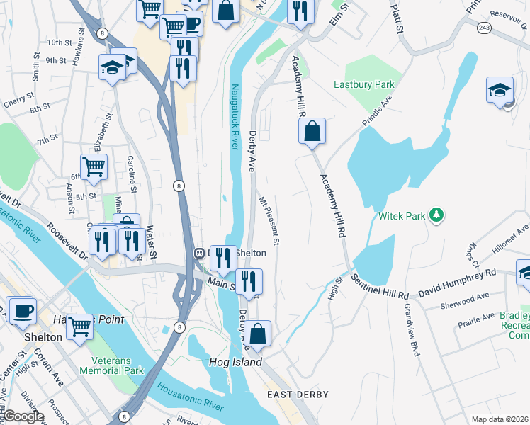 map of restaurants, bars, coffee shops, grocery stores, and more near 169 Derby Avenue in Derby