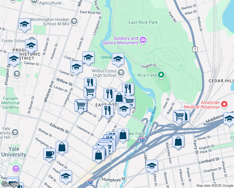 map of restaurants, bars, coffee shops, grocery stores, and more near 1 Canner Street in New Haven