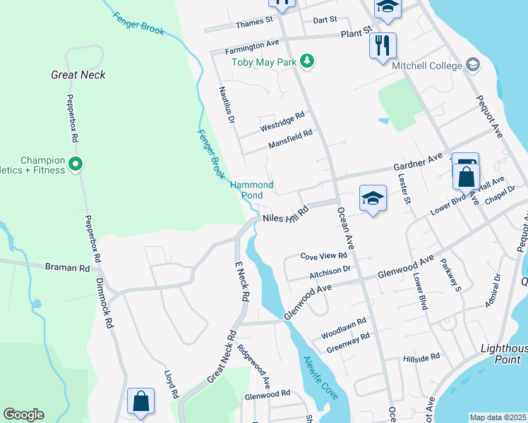 map of restaurants, bars, coffee shops, grocery stores, and more near 95 Niles Hill Road in New London