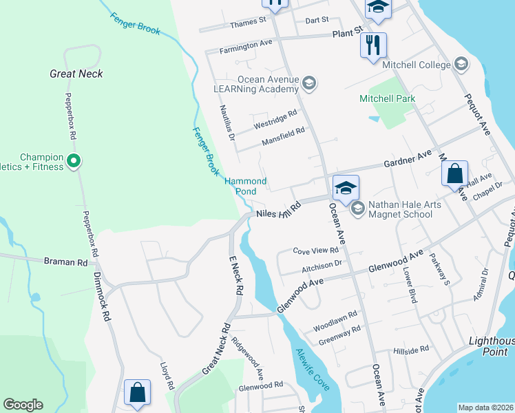map of restaurants, bars, coffee shops, grocery stores, and more near 107 Niles Hill Road in New London