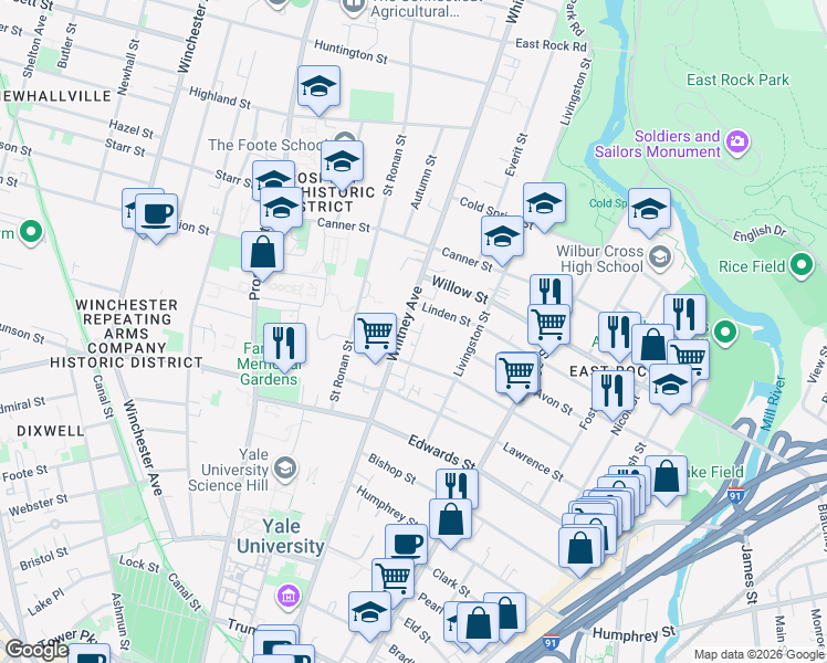 map of restaurants, bars, coffee shops, grocery stores, and more near 423 Whitney Avenue in New Haven