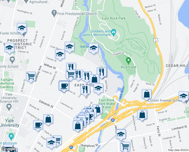 map of restaurants, bars, coffee shops, grocery stores, and more near 1 Canner Street in New Haven