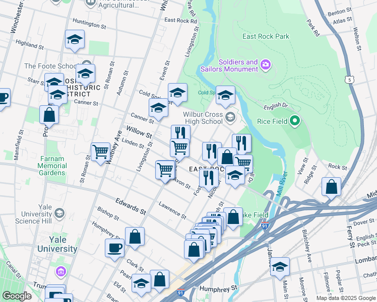 map of restaurants, bars, coffee shops, grocery stores, and more near 14 Anderson Street in New Haven