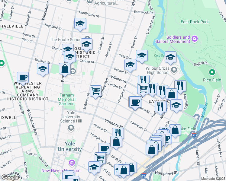 map of restaurants, bars, coffee shops, grocery stores, and more near 164-180 Linden Street in New Haven