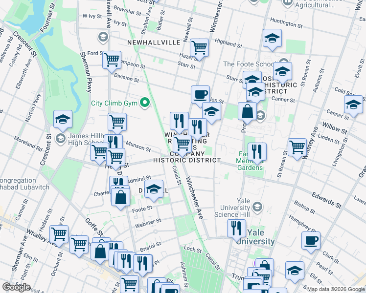 map of restaurants, bars, coffee shops, grocery stores, and more near in New Haven
