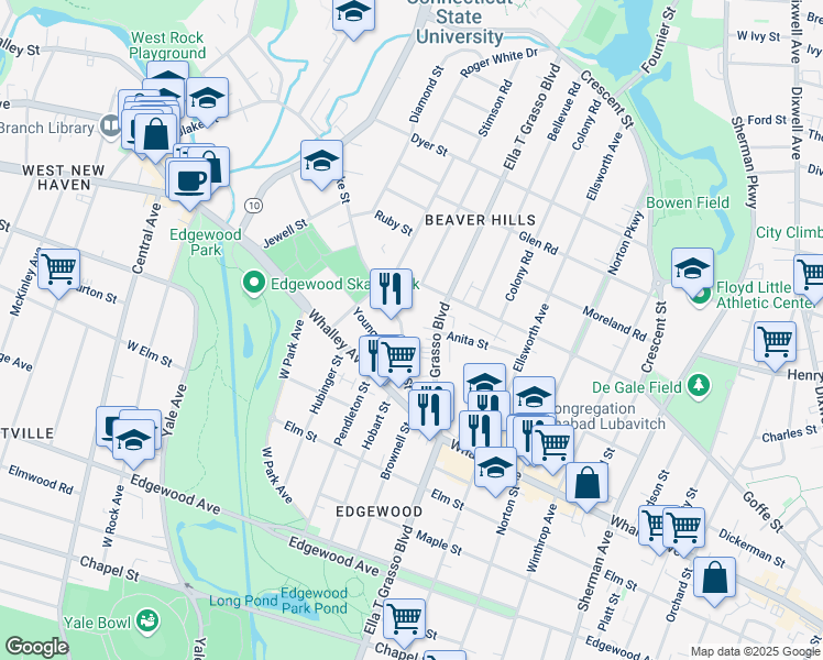 map of restaurants, bars, coffee shops, grocery stores, and more near 1570 Ella T Grasso Boulevard in New Haven