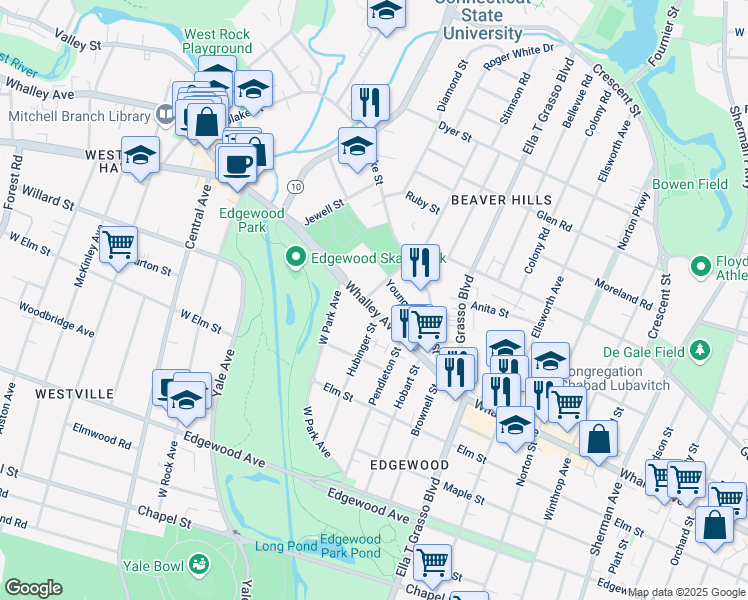 map of restaurants, bars, coffee shops, grocery stores, and more near in New Haven