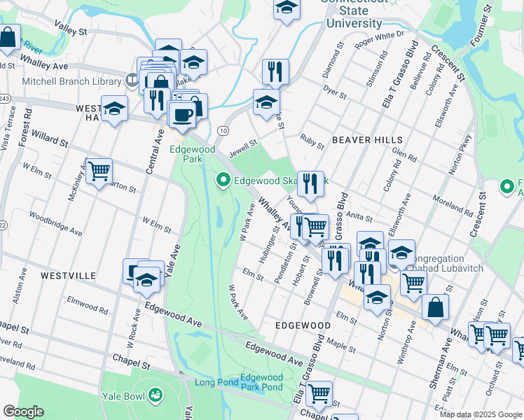 map of restaurants, bars, coffee shops, grocery stores, and more near 642 Whalley Avenue in New Haven