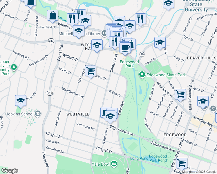 map of restaurants, bars, coffee shops, grocery stores, and more near 471 Central Avenue in New Haven