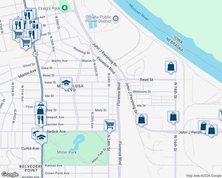 map of restaurants, bars, coffee shops, grocery stores, and more near 6920 Florence Boulevard in Omaha