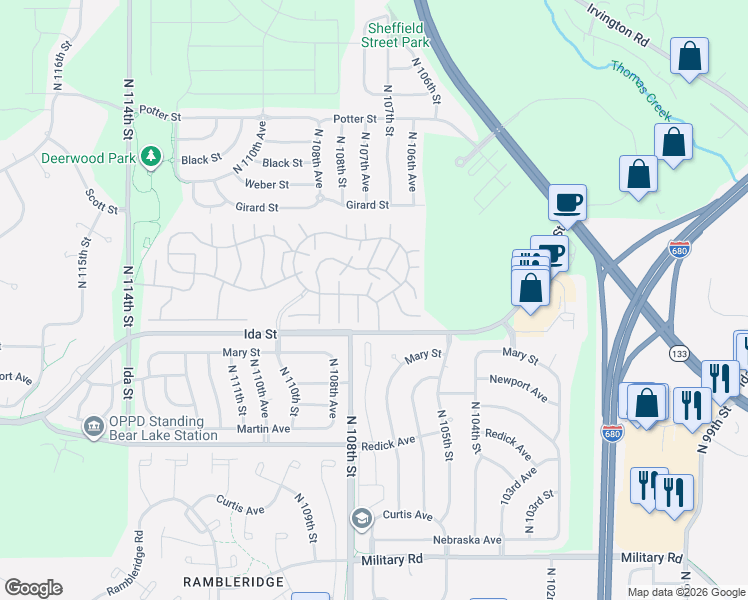 map of restaurants, bars, coffee shops, grocery stores, and more near 6936 North 107th Court in Omaha
