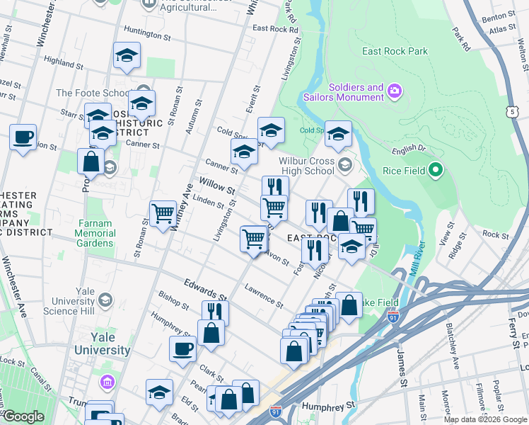 map of restaurants, bars, coffee shops, grocery stores, and more near 788 Orange Street in New Haven