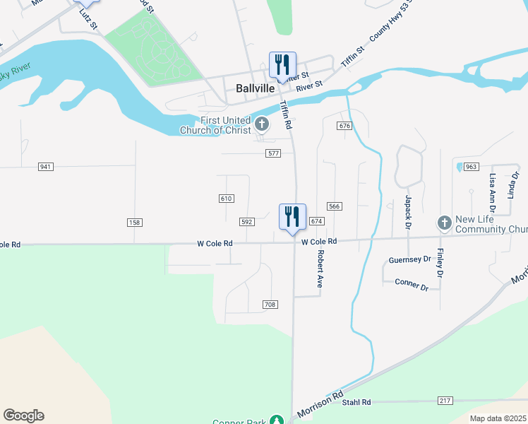 map of restaurants, bars, coffee shops, grocery stores, and more near 1448 Township Highway 589 in Fremont