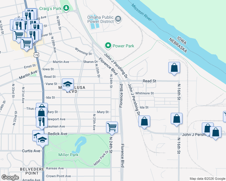 map of restaurants, bars, coffee shops, grocery stores, and more near 6920 Florence Boulevard in Omaha