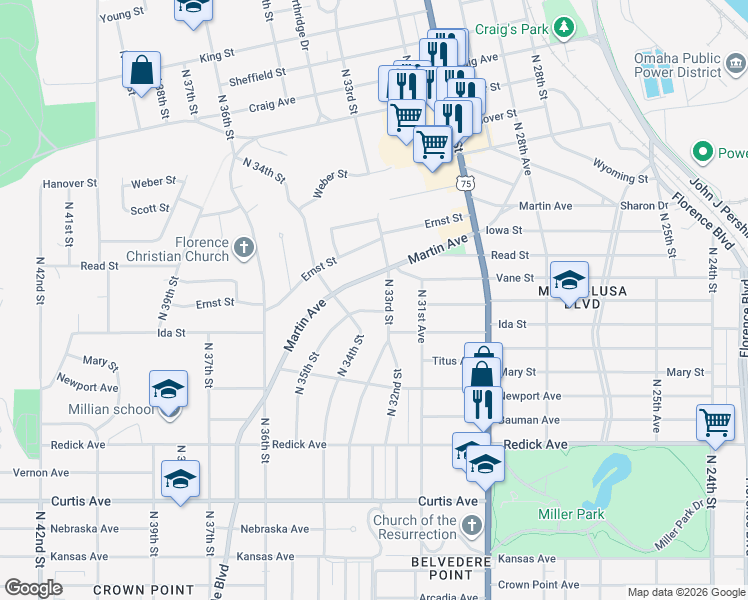 map of restaurants, bars, coffee shops, grocery stores, and more near 7002 North 33rd Street in Omaha