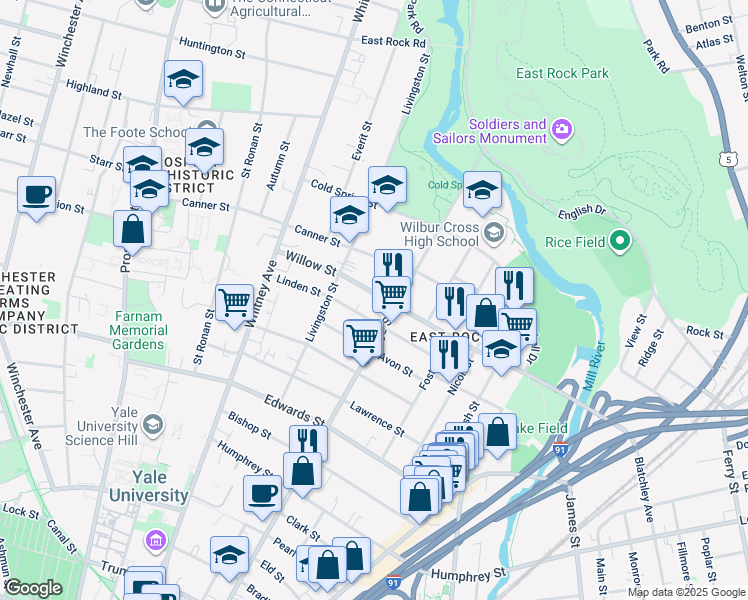 map of restaurants, bars, coffee shops, grocery stores, and more near 256 Willow Street in New Haven