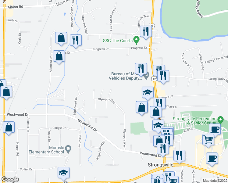 map of restaurants, bars, coffee shops, grocery stores, and more near 12335 Altis Court in Strongsville
