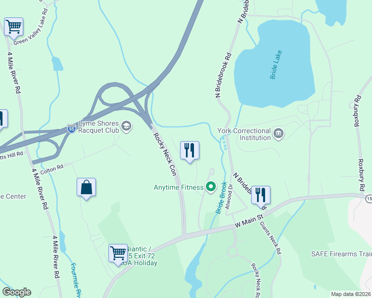map of restaurants, bars, coffee shops, grocery stores, and more near 15 Freedom Way in East Lyme