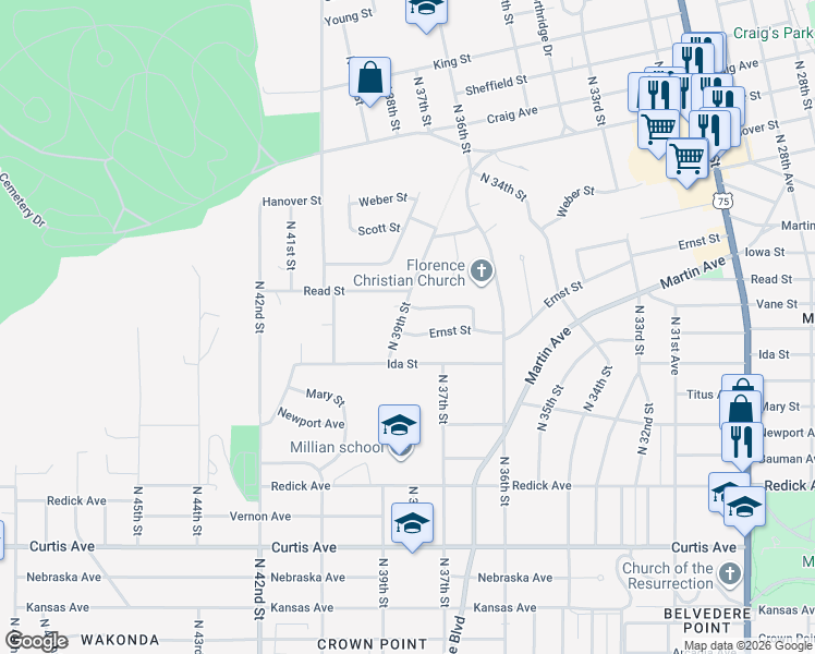 map of restaurants, bars, coffee shops, grocery stores, and more near 3725 Ernst Street in Omaha