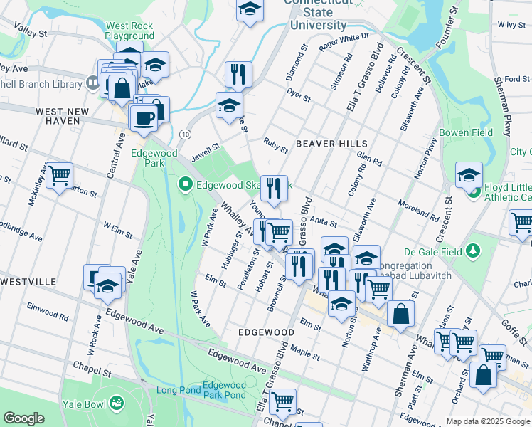 map of restaurants, bars, coffee shops, grocery stores, and more near 21 Young Street in New Haven