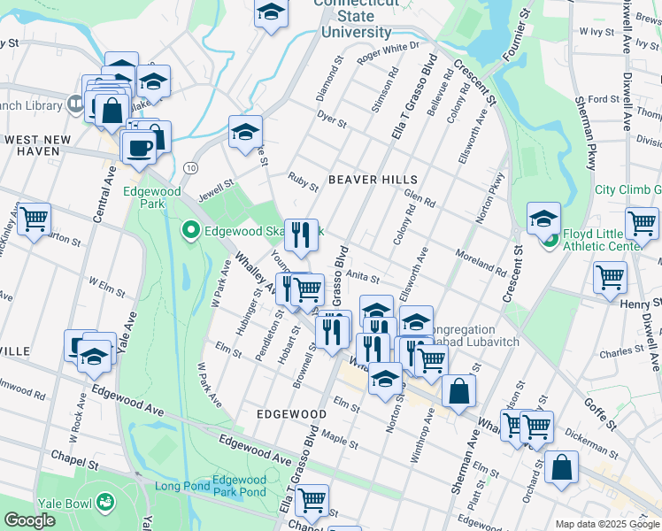 map of restaurants, bars, coffee shops, grocery stores, and more near 1570 Ella T Grasso Boulevard in New Haven