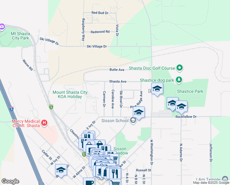 map of restaurants, bars, coffee shops, grocery stores, and more near 804 Caroline Avenue in Mount Shasta
