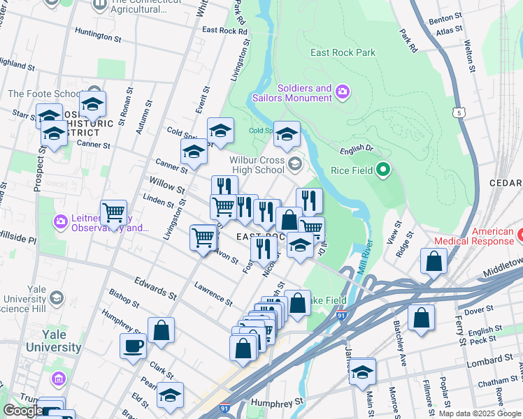 map of restaurants, bars, coffee shops, grocery stores, and more near 196 Foster Street in New Haven