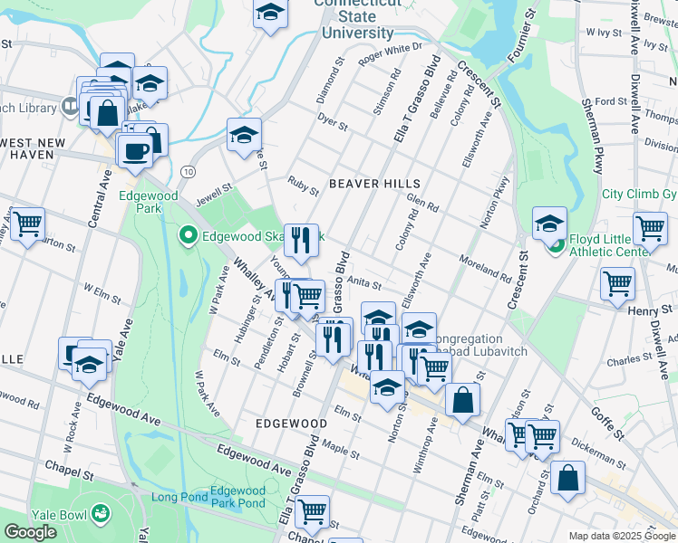 map of restaurants, bars, coffee shops, grocery stores, and more near 1570 Ella T Grasso Boulevard in New Haven