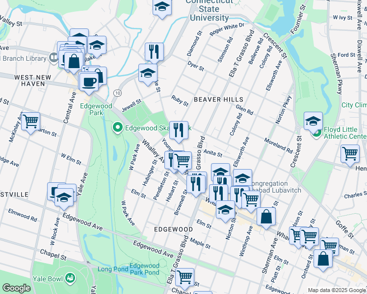 map of restaurants, bars, coffee shops, grocery stores, and more near 34 Whittlesey Avenue in New Haven