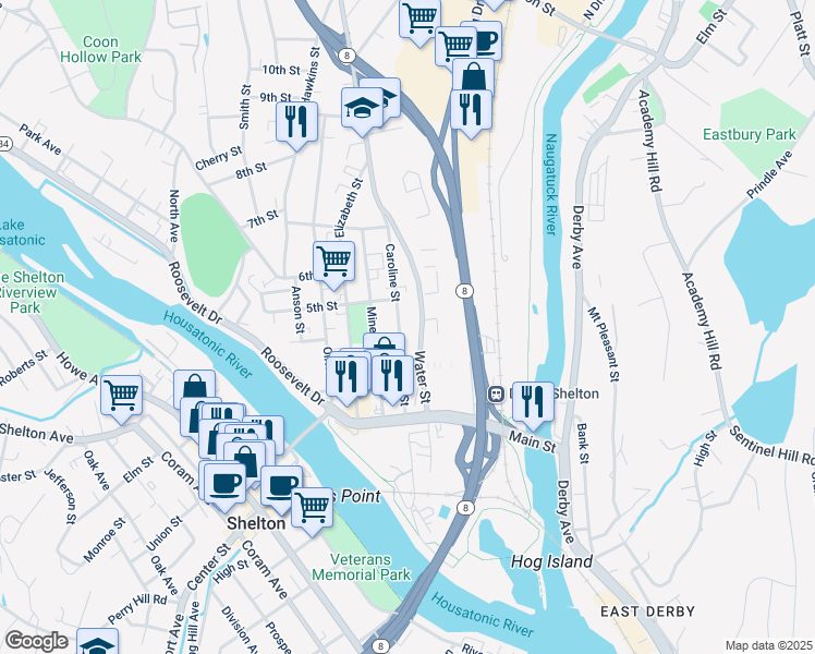 map of restaurants, bars, coffee shops, grocery stores, and more near 159 Caroline Street in Derby