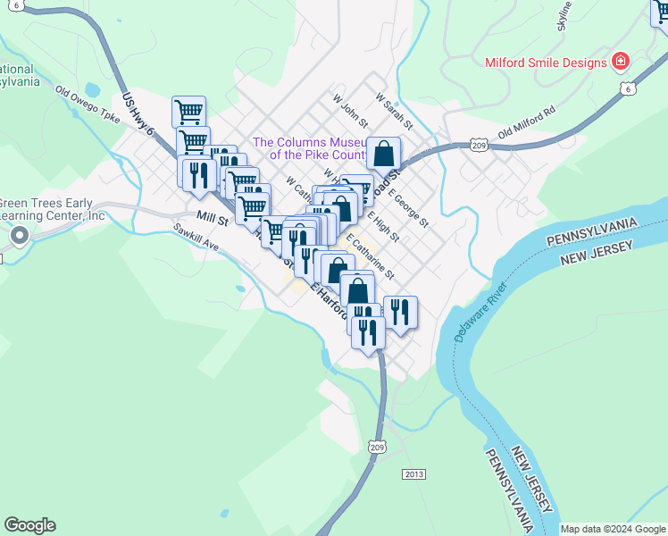 map of restaurants, bars, coffee shops, grocery stores, and more near in Milford