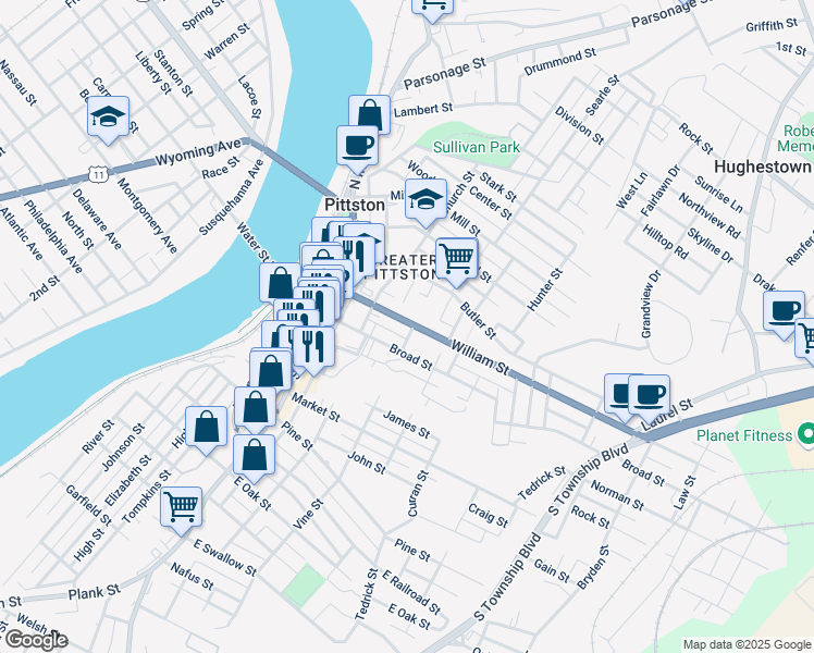 map of restaurants, bars, coffee shops, grocery stores, and more near 8 Foundry Street in Pittston