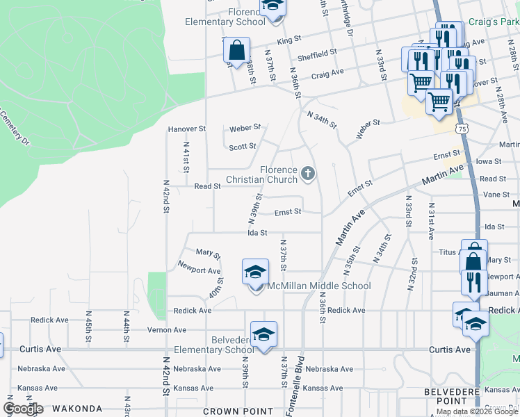 map of restaurants, bars, coffee shops, grocery stores, and more near 3725 Ernst Street in Omaha
